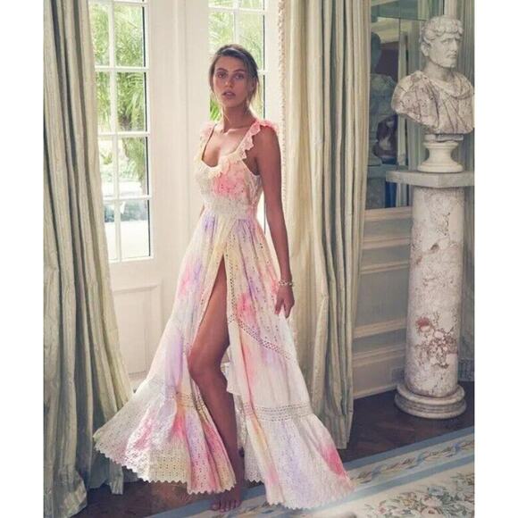 NEW $995 Loveshackfancy Corabella Revolve 100% Silk Tie Dye Ruffled Maxi… - Picture 2 of 16